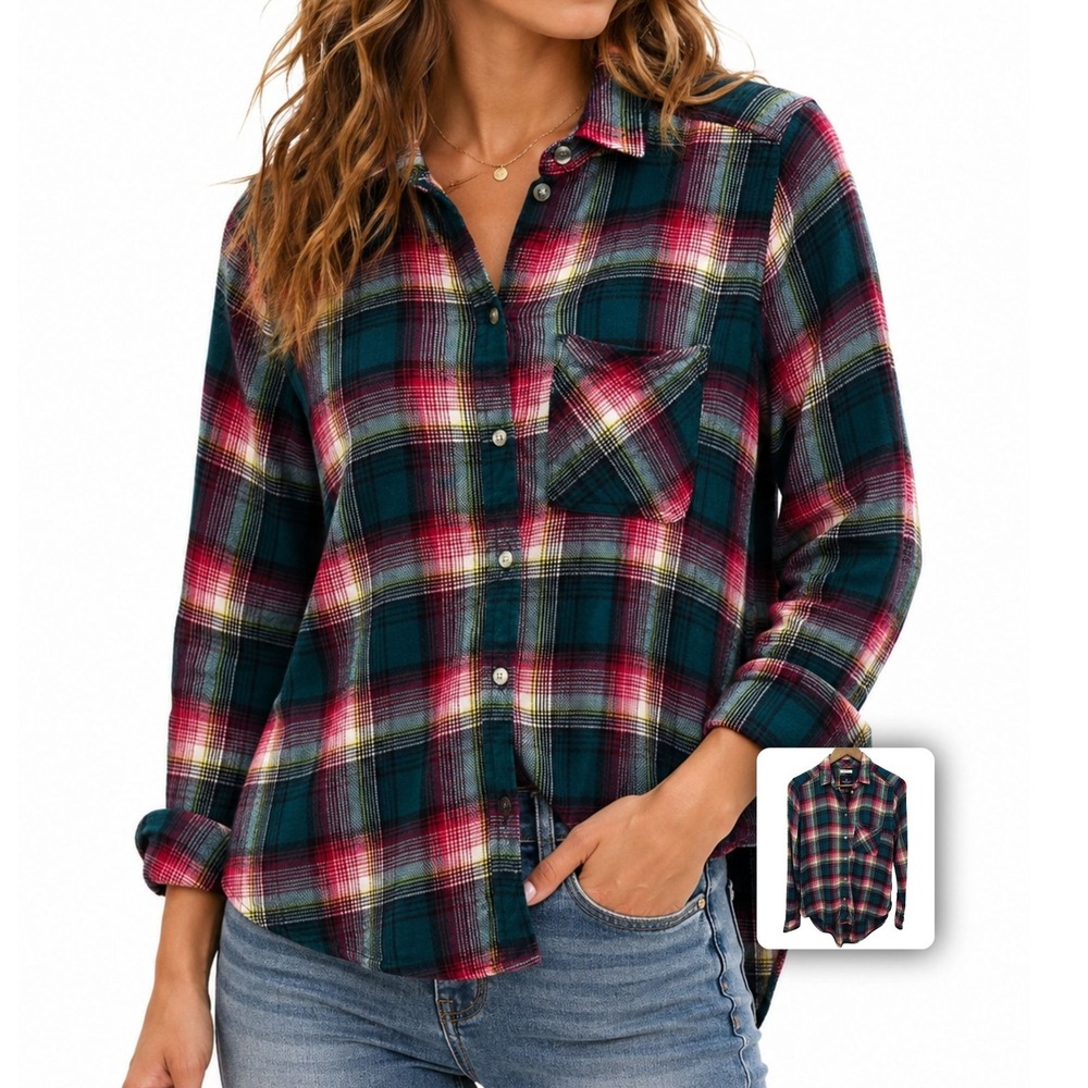 American Eagle Womens S Burgundy Plaid Flannel Shirt Boyfriend Fit Button Up